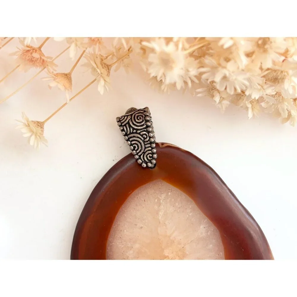 Polished Brown Crystal Free-Form Shaped Large Silver Toned Vintage Pendant